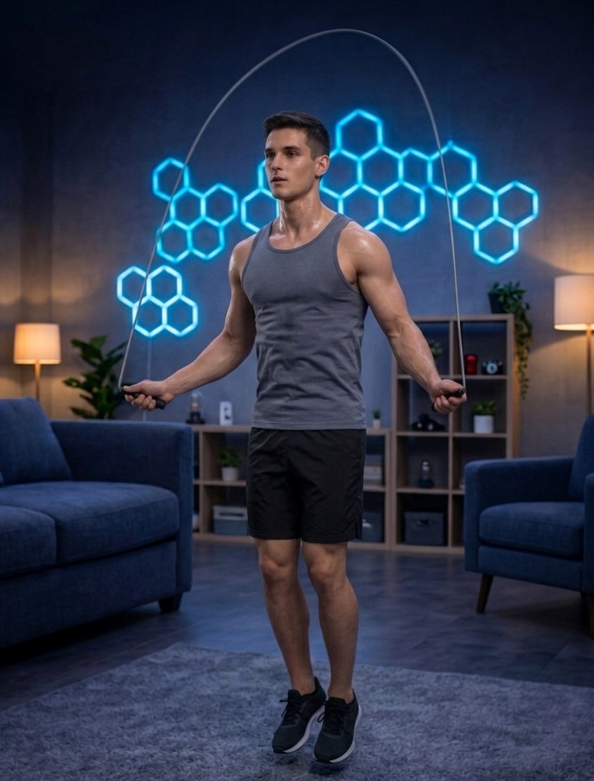 A person skipping rope in a softly lit room.